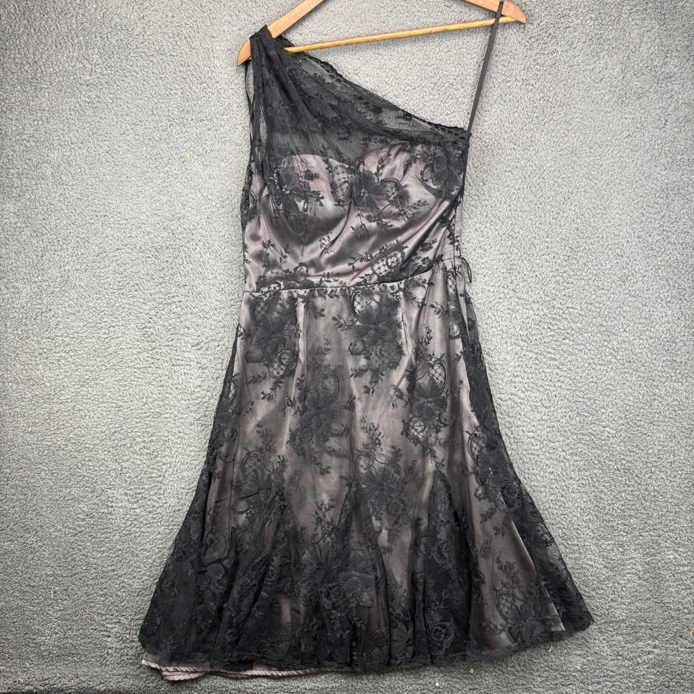 Jackie Jon New York Womens One Shoulder Black Lace Overlay Gray Satin Dress 6